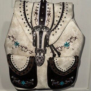Leather Embroidered Cream and Brown Women's Backpack